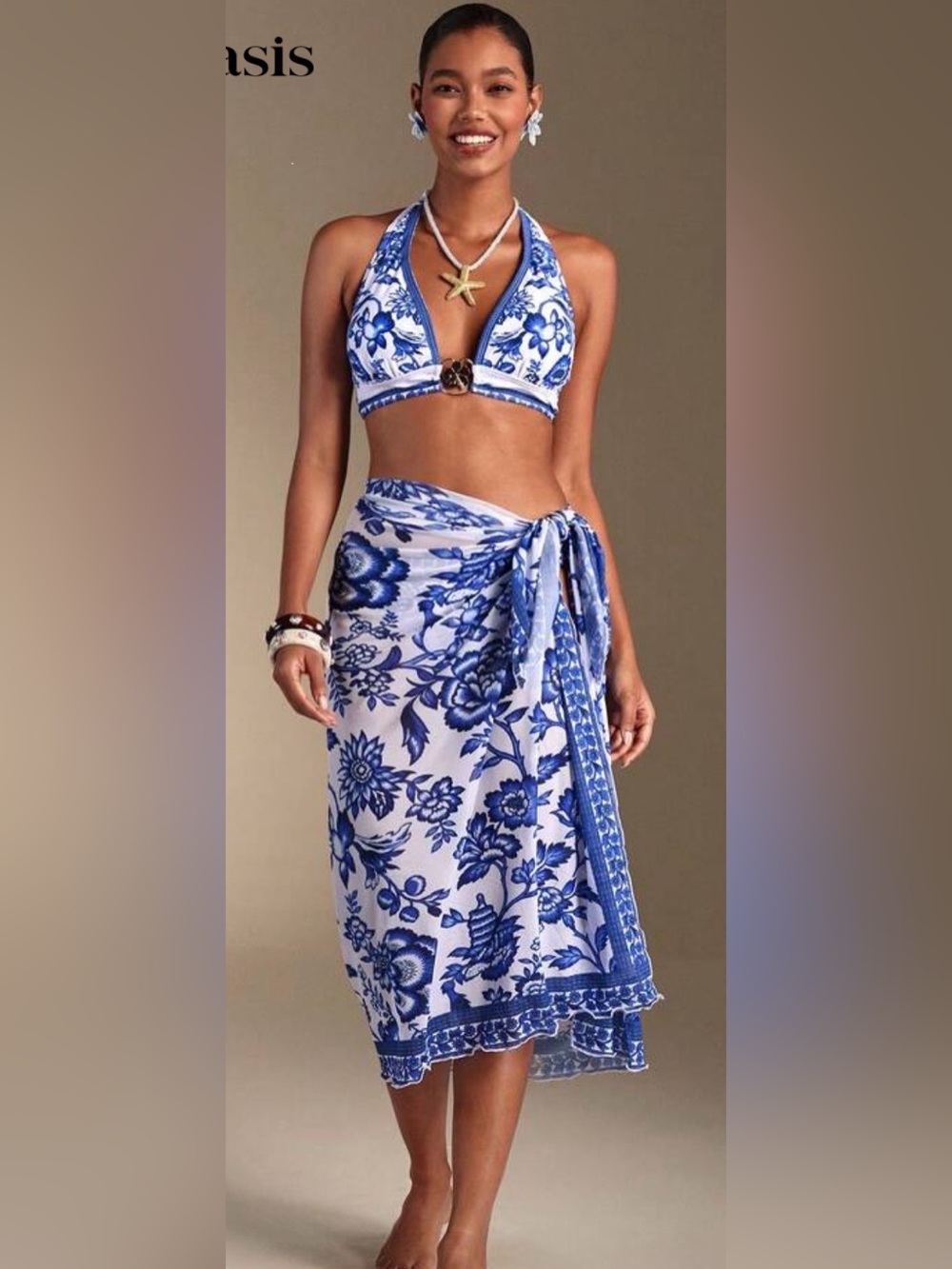 Blue & White Floral Bikini Set with Matching Sarong